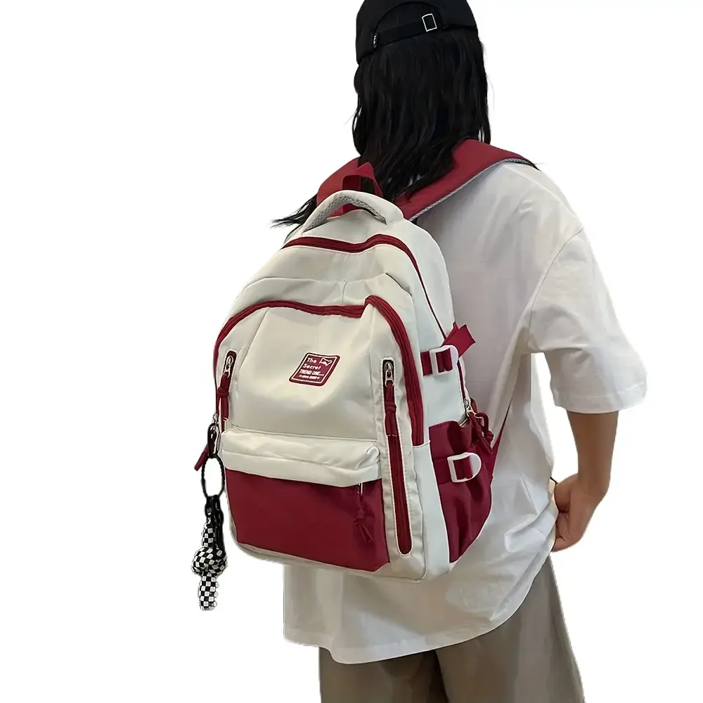 Women's Chic Canvas Backpack with a Natural Texture, Large Capacity College Bag with Durable Adjustable Straps & Black Accents