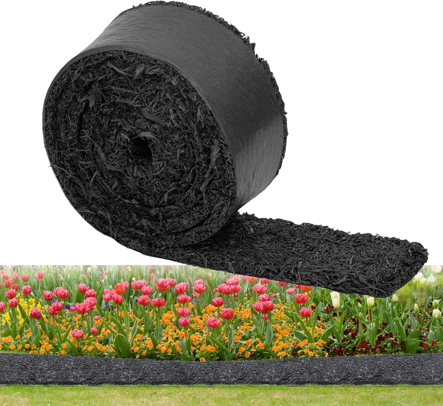 120" x 4.5" Rubber Mulch Roll Thick Recycled Rubber Mat | Rubber Mulch Roll Permanent Garden Edging, Weed Barrier, Natural Wood Chip Look, Anti-Scatter, Drainage