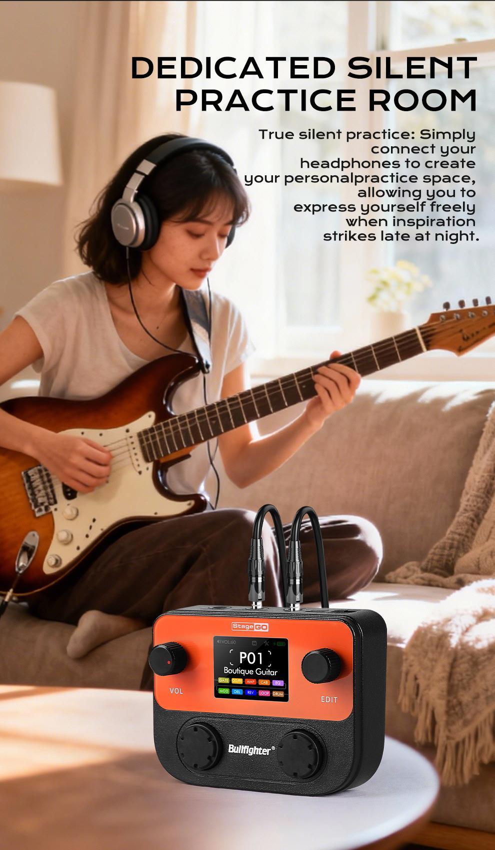 Bullfighter StageGO Digital Pocket Multi-Effects Pedal – Portable Guitar/Bass Processor with Built-in Battery, Bluetooth APP, USB Audio, 40+ Effects (Distortion/Delay/Reverb/Chorus) – Perfect for Beginners, Practice & Small Gigs
