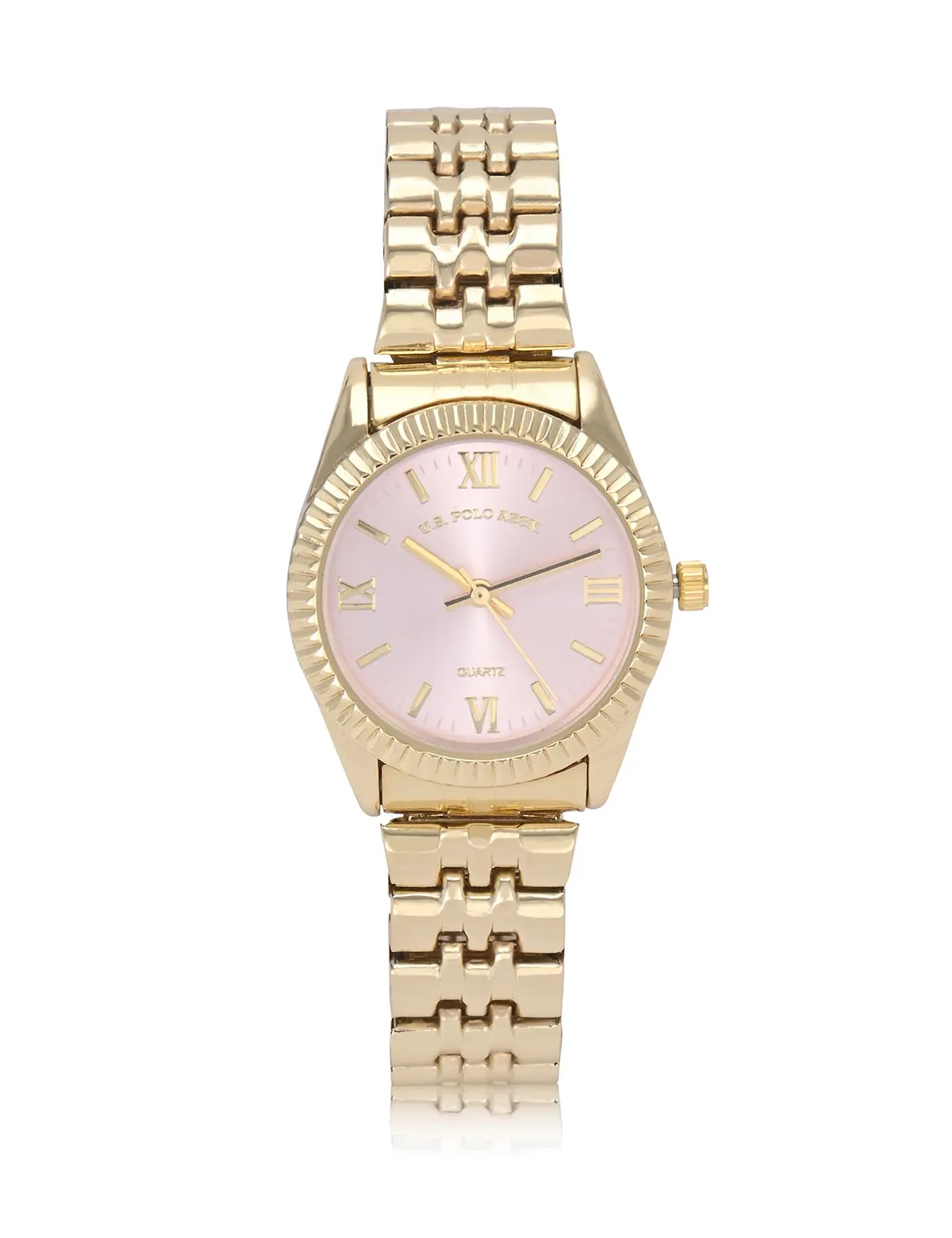 LADIES GOLD LINK ANALOG WATCH WITH PINK FACE
