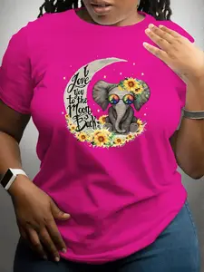Women's Spring Summer Plus Size Cartoon Cute Elephant Letter Print Round Neck T-Shirt, Casual Fitted Short Sleeve Top, All Seasons Fashion