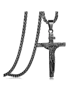 1 Pc Black Classic Cross Design Stainless Steel Necklace for Men Women Unique Jesus Crucifix Cross Pendant with Venetian Chain Religious Jewelry Gift Cross Necklaces