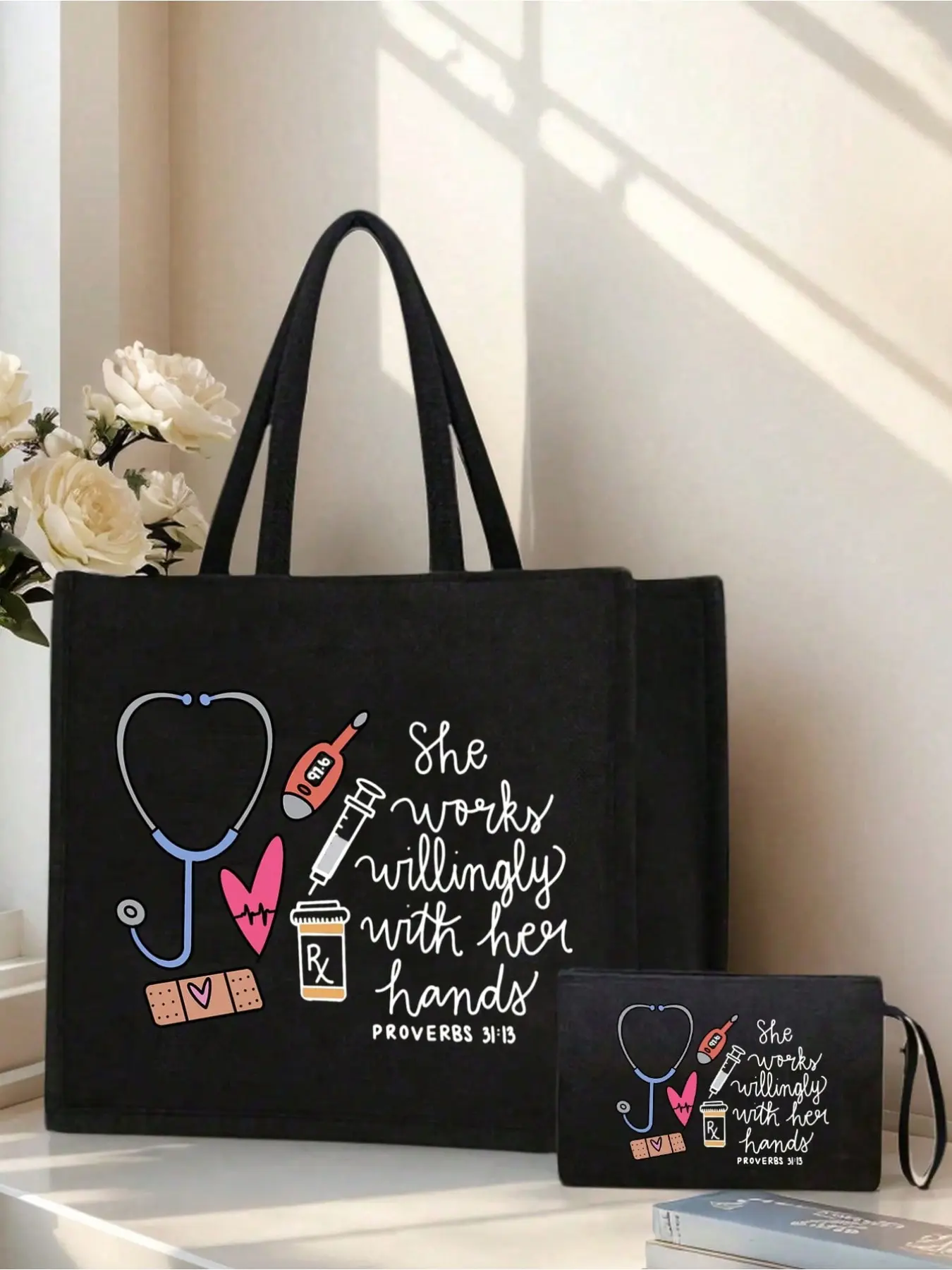 Nurse-themed handbag and makeup bag set, casual style, fabric structure, fixed shoulder strap, printed with patterns of stethoscope, heart, syringe, wristband-thermometer, "She loves to work with her hand