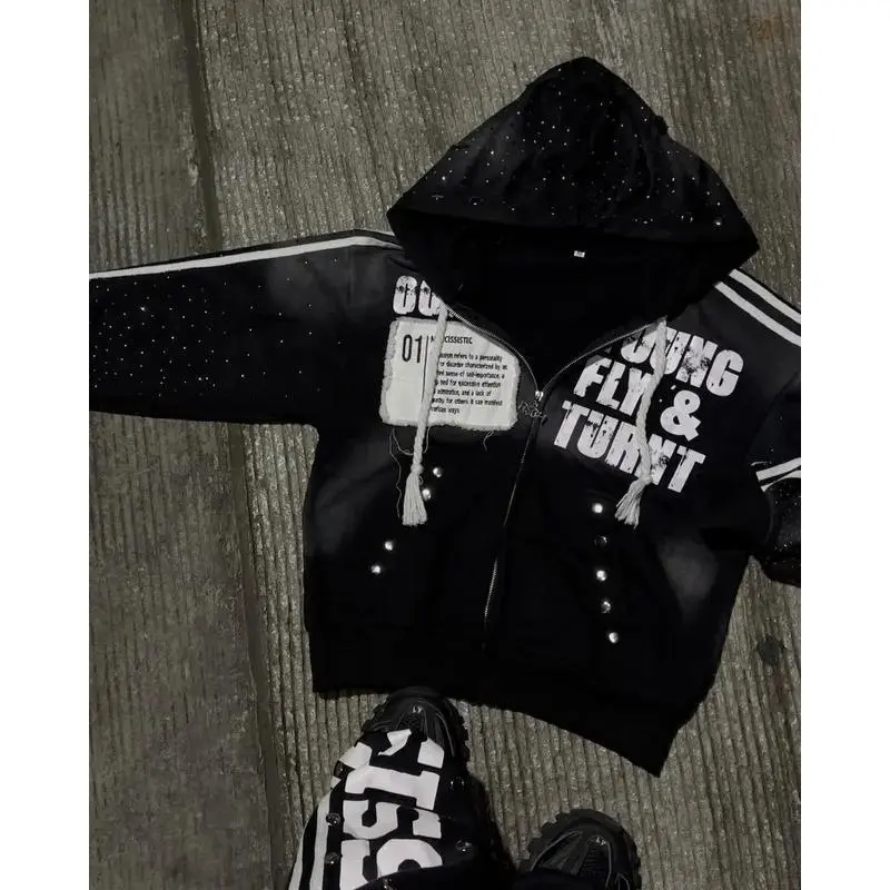 clothing piecesGothic Punk Hip Hop Washed Hoodie Retro Klein Stone Stripe Embroidery Zip Up Hoodies Rock Harajuku Men Women Streetwear funny saying shirt