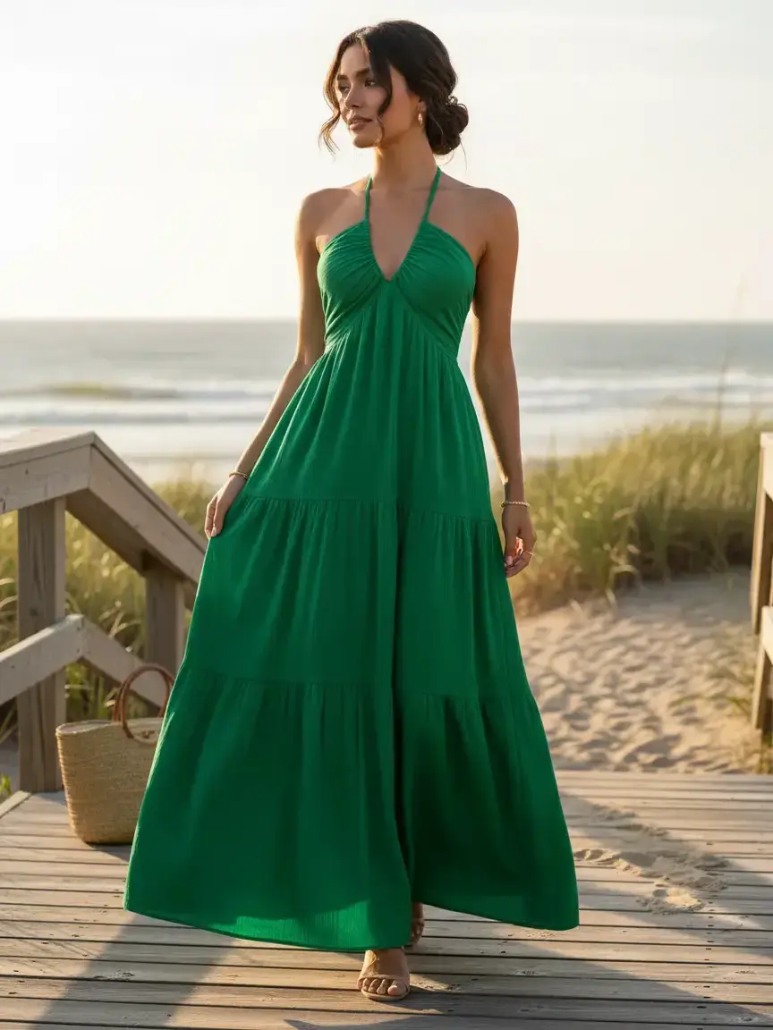RE Women's Plain Maxi Dress - Summer Casual, Basic Loose-Fit, Sleeveless, V-Neck Cut, Maxi A-Line Drape, A-Line Shape, Long Length for Beach Holiday, Minimalist Elegant Womenswear Casual Dress