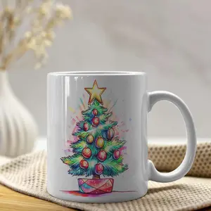 11oz Ceramic Watercolour Coffee Mug-Cup, Durable, Scratch-Resistant, Festive Christmas Tree Design, Excellent Heat Retention, Machine Washable, Ideal for Hot Drinks (Coffee, Tea), Perfect Holiday Gift for Home Use