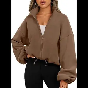 Women’s Fall/Winter Zip-Up Stand-Collar Long-Sleeve Cropped Fleece Jacket – Fleece Fabric, Drawstring Hem, Loose/Casual/Sporty Fit, Fleece-Lined & Warm, Y2K Style Women’s Coat