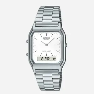 New CASIO AQ-230A-7D White Dial Dual time Stainless Steel Band Watch AQ230A Fashionable Wristwatch Casual Wristwatch