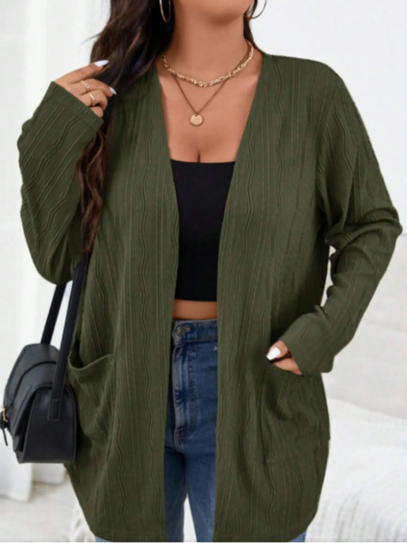 Elegant V-Neck Long Sleeve Cardigan Top Knitwear for Women, Casual Fitted Solid Plain Blouse, Fall & Winter Fashion, Ladies' Daily Wear Womenswear