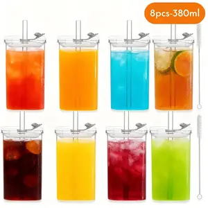 8 Sets Square Drinking Glass Cups with Lids & Straws, 12 Oz Clear Highball Glasses for Cocktail, Iced Coffee, Juice, Beer - Modern Glass Tumblers