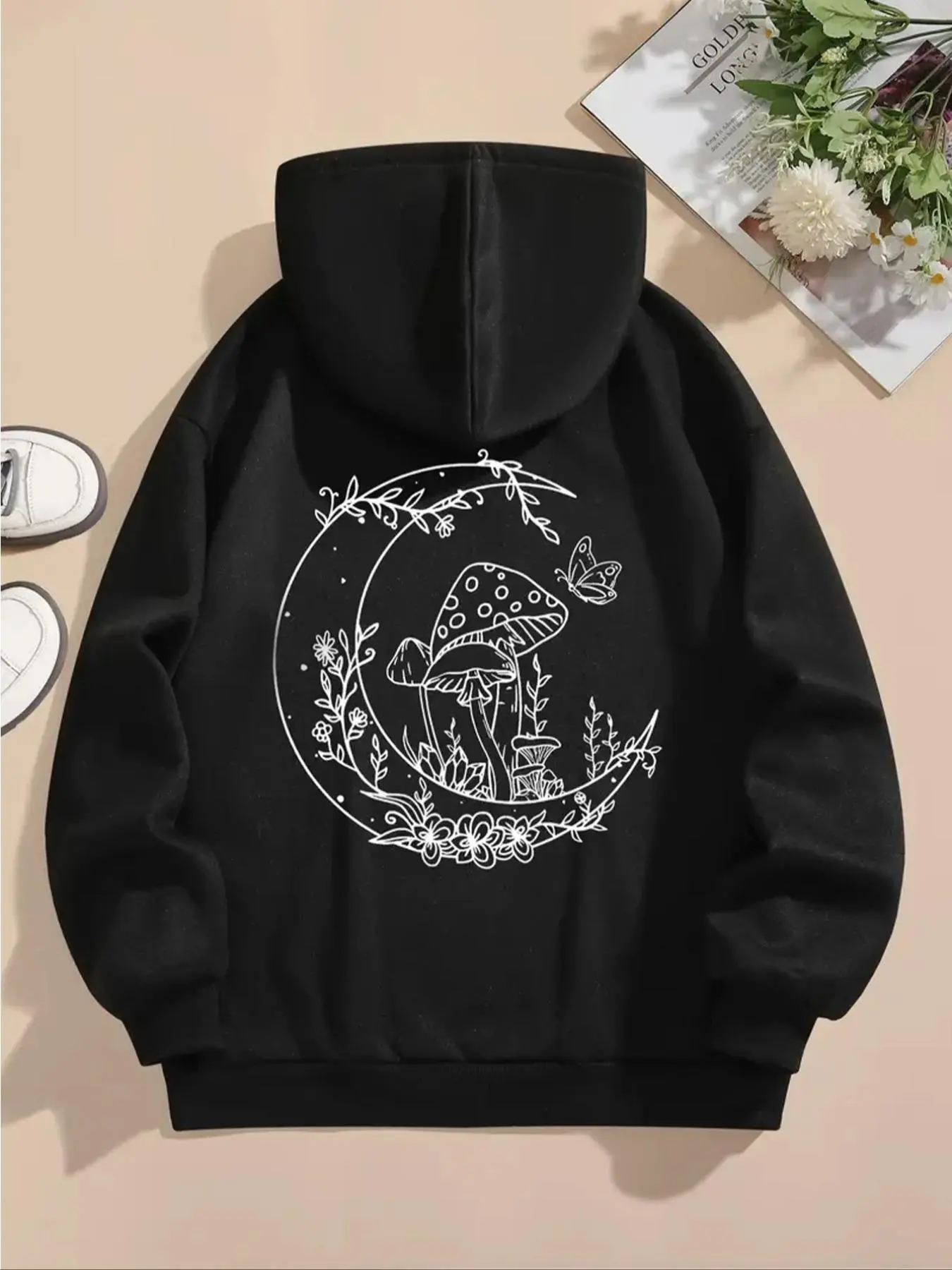Women's Mushroom & Butterfly & Moon Print Drawstring Pocket Thermal Lined Hoodie, Casual Graphic Drop Shoulder Long Sleeve Hooded Sweatshirt, Ladies Fall & Winter Clothes