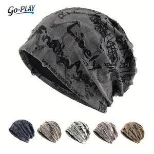 2pcs-Y2K Grunge Distressed Slouchy Beanie For Men Women, Lightweight Ripped Letter Print Knit Hat, Vintage Loose Fit Spring Autumn Cap For Daily Wear Street Style Gorras Para Hombres