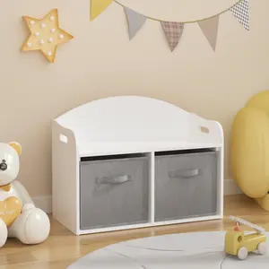 Kids Wooden Toy Box Bench with Collapsible Fabric Drawers, White