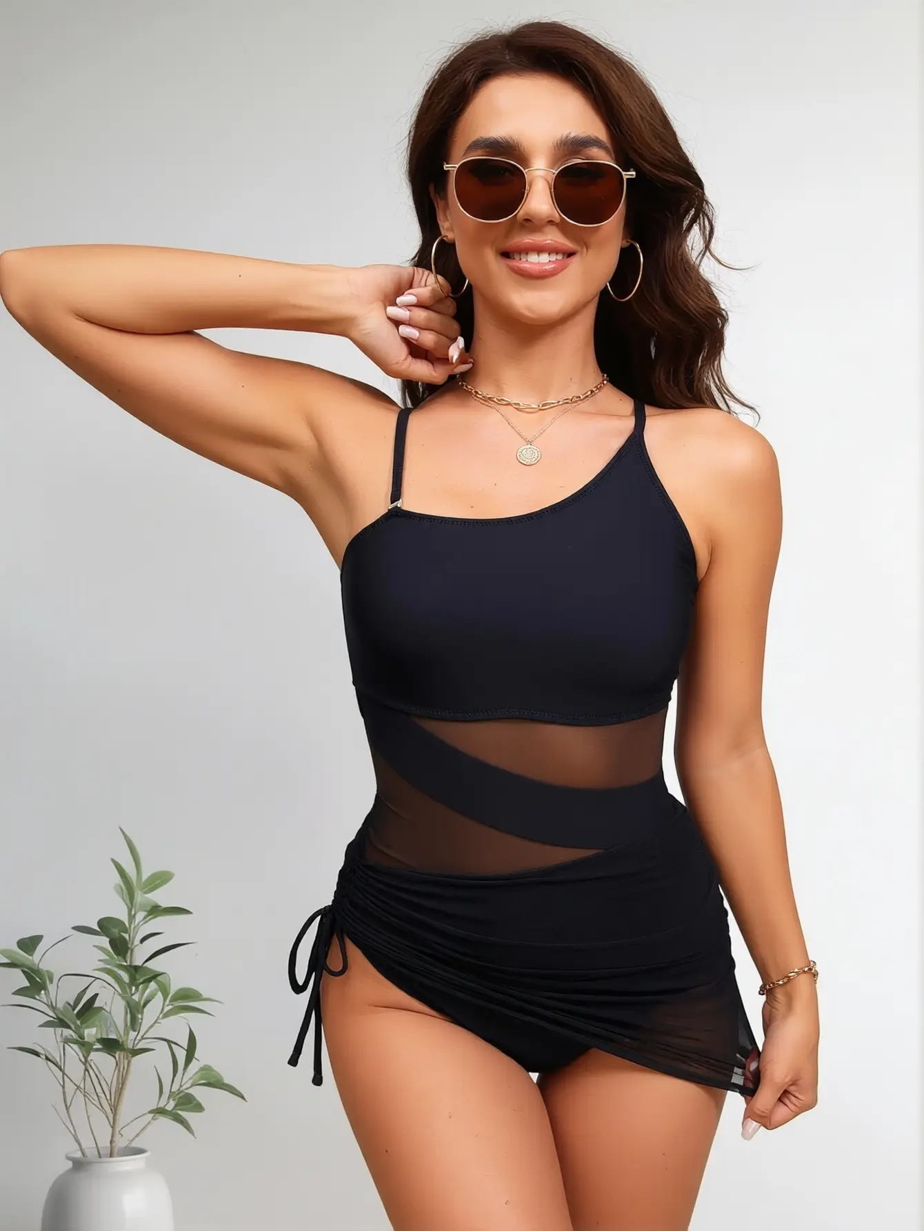 Women's 1-Shoulder Swimdress, Solid Convertible Tummy Control Ruched Swimsuit with Mesh for Beach Party & Cruise, M, Plain, Mesh Insert, Drawstring Waist, Strappy, Abdominal Control Swimdresses