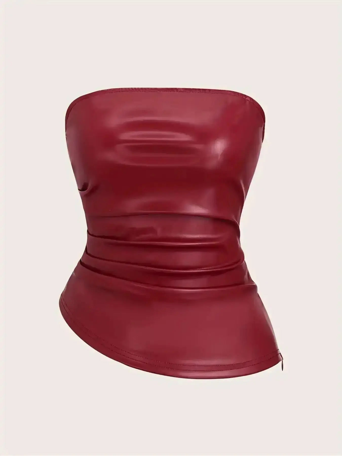 Burgundy Leather Halter Top, Fashionable Smooth Ruched Asymmetrical Side Zipper, High Street Sexy Fitted Women's Sleeveless Shirt Lady, Womenswear, Flexible Fit, All Year Style, Stretchy, Flattering Silhouette