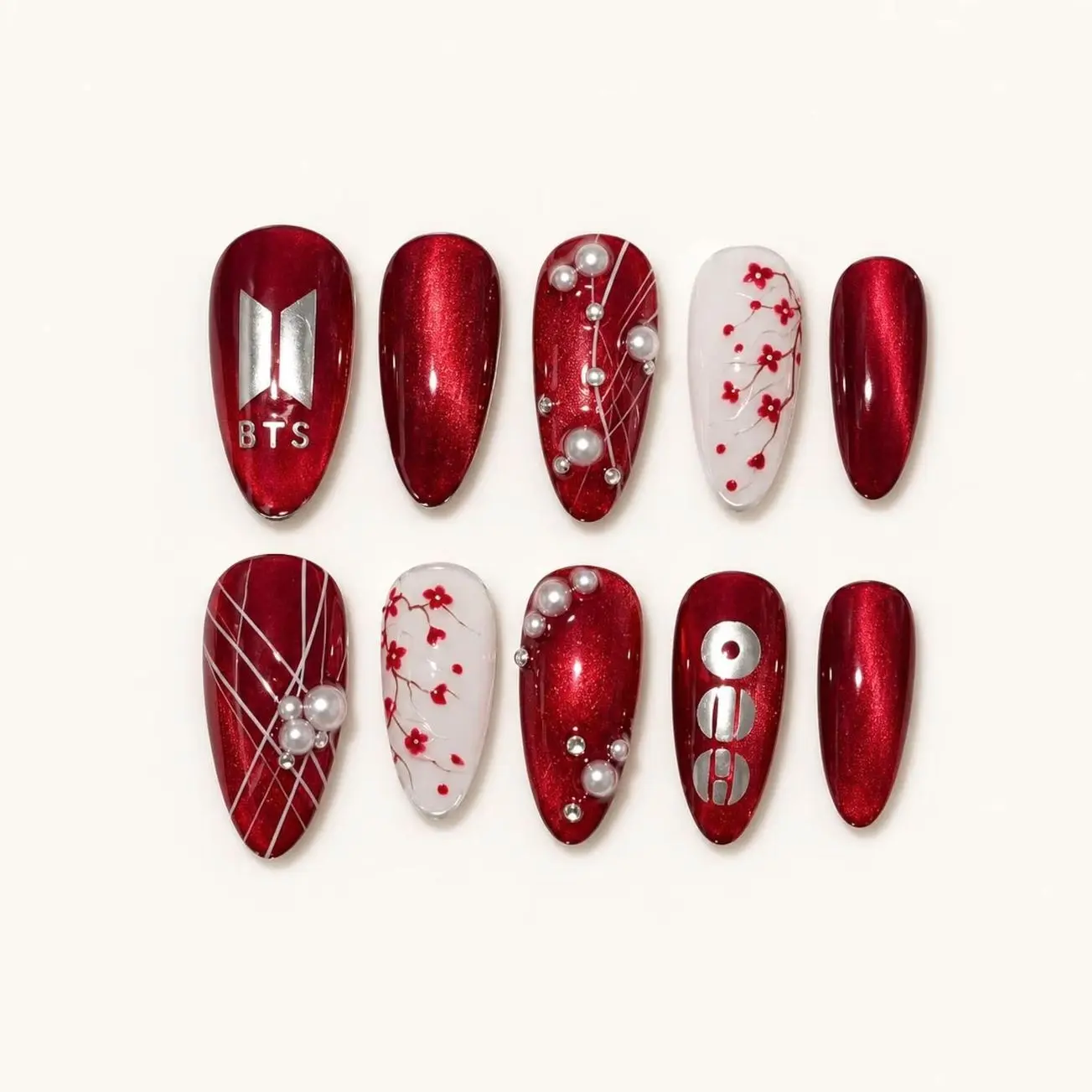 Cherry Red Cat Eye Press On Nails | Pearl Rhinestone Nails | White Floral Fake Nails | Long Almond Nails | Kpop Concert Idol Fan Gift Nails