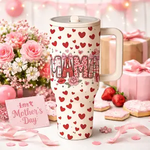 1 Pc 40oz Insulated Mug, Tumbler, Vacuum Thermal Mug, Stainless, Mother's Day, Birthday, Thanksgiving, 'MAMA' Floral Design, Red Hearts, Durable, Leak-Proof, Keeps Drinks Hot for 12h, Cold for 24h, Perfect Gift for mom