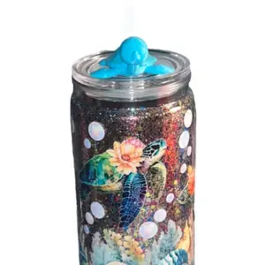 16 oz Sea Turtle Cup Acrylic SnowGlobe Tumbler with Colorful Underwater Design & Blue Lid