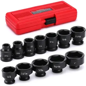 12 count 3/8" Drive Stubby  Socket Set, Low Profile, 5/16" - 1", SAE, CR-MO, 6-Point, 12 count Shallow Socket Set for Automotive Maintenance, Repairs and DIY, for Tight Areas