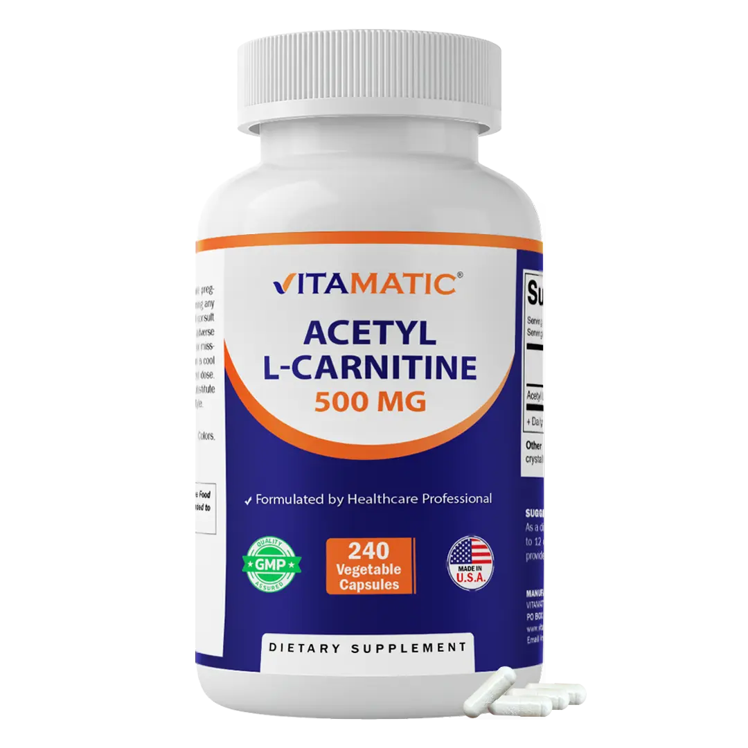 Vitamatic Acetyl L-Carnitine HCL 500mg Dietary Healthcare Supplement for Brain Health, 240 Vegetarian Capsules - Amino Acid, Non-GMO, Gluten-Free, Sugar-Free, Made in USA