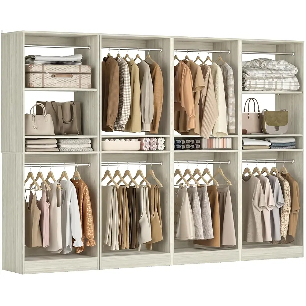 Unikito Freestanding Closet Organizer, Engineered Wood Wardrobe System, Adjustable Shelving Unit with 2 Hanging Rods, 600 lb Capacity Storage Solution, Modular Design for Bedroom/Entryway/Laundry Room, Easy Assembly Freestanding Garment Rack