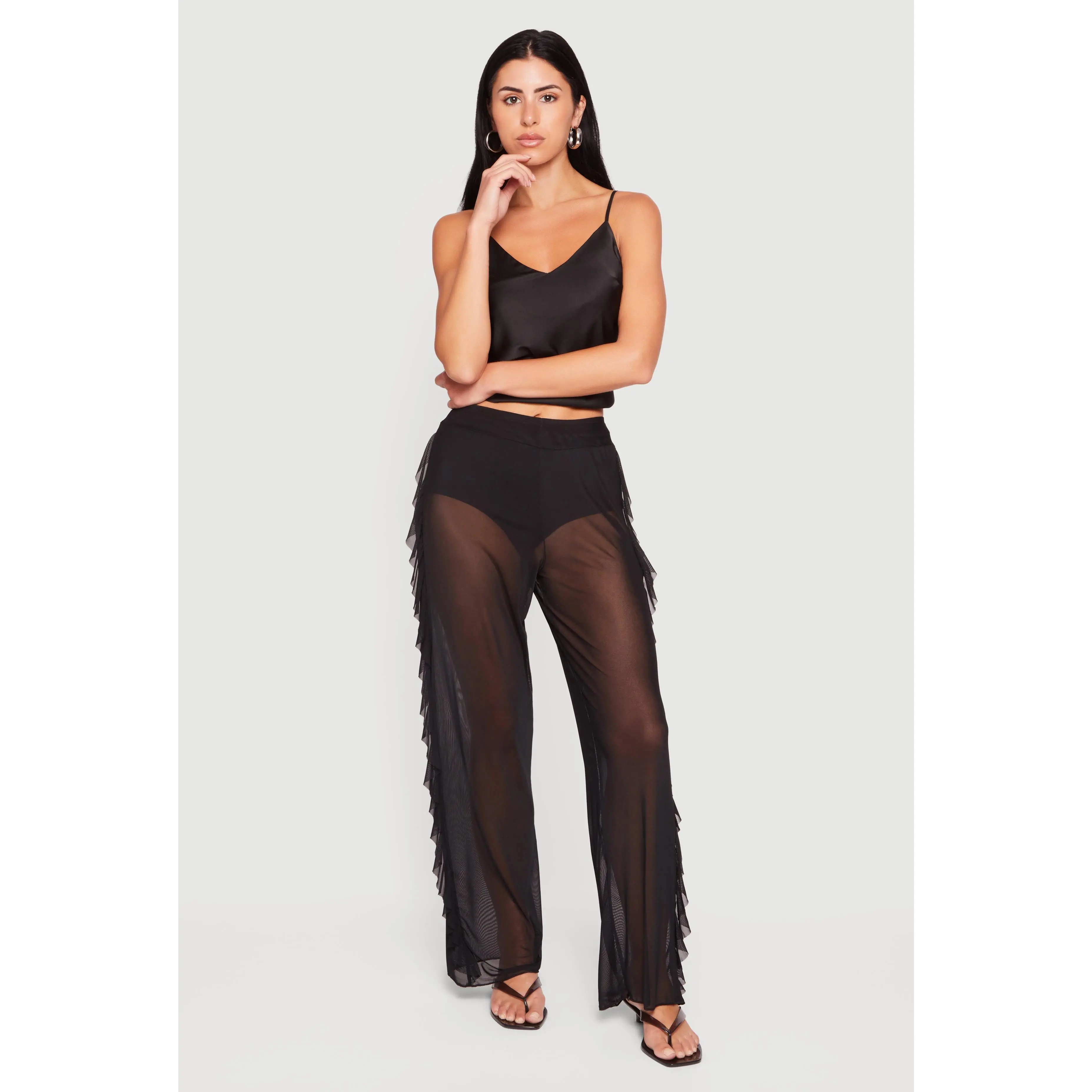 High Waisted Sheer Mesh Wide Leg Pants with Ruffles