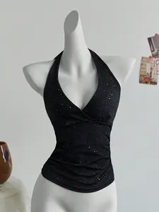 Women’s Glitter Criss Cross Back Halter Crop Top Sparkly Sleeveless Party Festival Y2K Going Out Tank Top Women, sparkly party top women, y2k festival outfit women, sleeveless glitter top