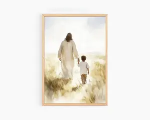 Jesus Walking With A Young Boy Wall Art, Christian Artwork of Jesus With Children, Modern Christian Art Unframed