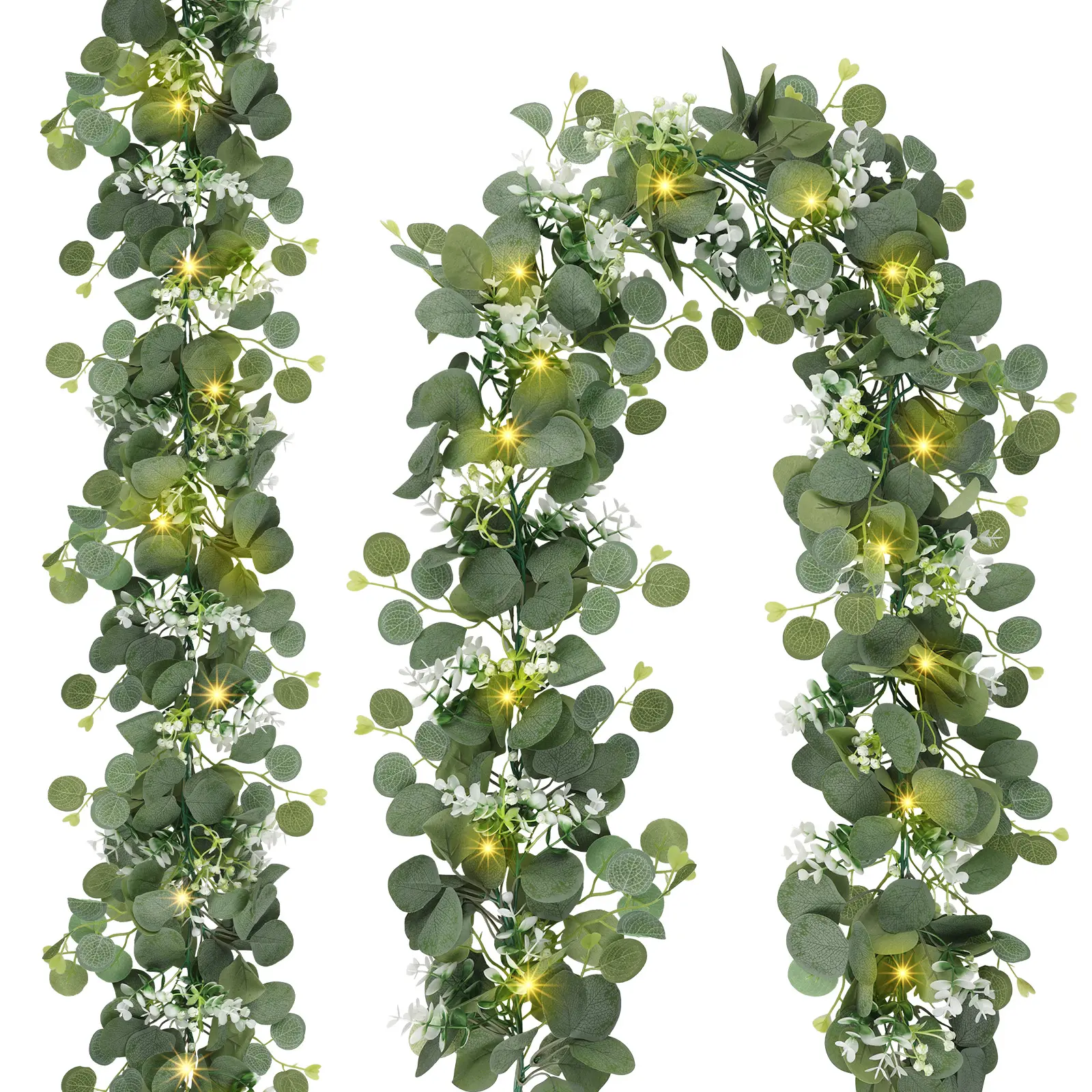 2-Pack 6FT Battery-Operated Lighted Eucalyptus Garland, Realistic Artificial Greenery with Warm White Lights for Mantel, Table Centerpiece, Wedding & Christmas Decor