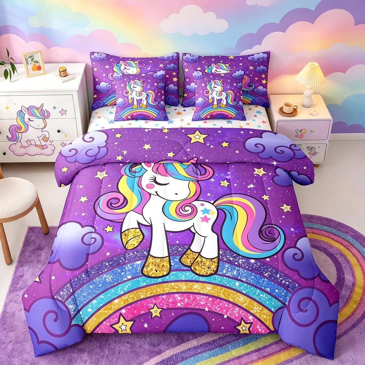 Unicorn Bed Set Cute Unicorn 7 Pieces Beeding Set Ultra Soft Star Print Bed in a Bag with Comforter,Sheets,Pillowcases Room Decor Cute Animal