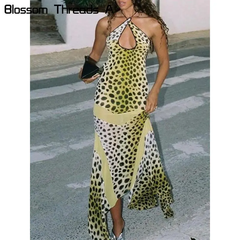 Women's Leopard Print Cross Hollow Halter Dress, Casual Asymmetric Hem  Sleeveless A-line Long Dress, Summer Fashion Women's Beach Vacation Outfit  - TikTok Shop
