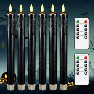 Black Flameless Taper Candles Battery Operated with Remote, Long LED Candlesticks Flickering Real Wax Set of 6, 9.5 inch Battery Candles with Realistic 3D for Halloween