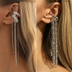2 Pcs Silver Tassel Ear Cuff Set – No Piercing Pearl & Sequin Dangle Earrings | Face Slimming Clip On Earrings for Women Wedding & Party