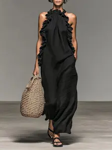 Women's Solid-color Pleated Patchwork Wrap-around Sleeveless Dress with Frills, Beachy Style, Loose and Comfortable, Slimming and Long.