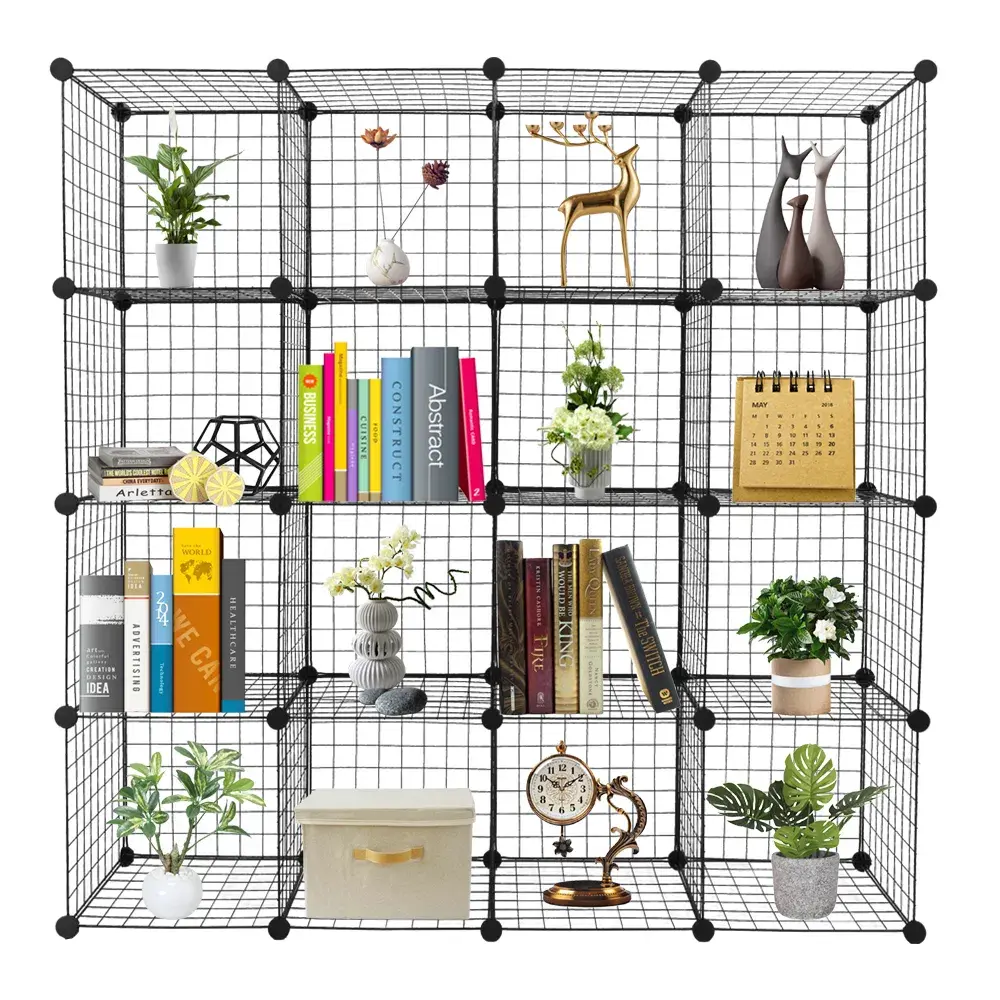 16-Cube Metal Grid Modular Organizer, Multifunction Wire Cube Shelving Unit with Origami Cubbies, Home Storage Bookcase Racks for Home Organization