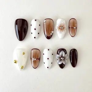 Brown White Press On Nails | Simple Polka Dot Short Almond Nails, Elegant Daily Office Nails, Spring Reusable Fake Nails, Mother’s Day Gift