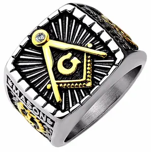 Lanyjewelry 2-Tone Hypoallergenic Masonic Motif Square Face Ring - IP Gold, Burnish Stainless Steel Casting, Everyday Artificial Gemstone Jewelry Accessory, Two-Tone