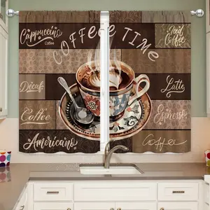 2pcs - Polyester - 2D Flat Vintage Coffee Kitchen Curtain Valance Set Retro Artistic Coffee Print Coffee Slogans Country Wooden Floor Background Rod Home Decor Cafe Office Living Room Bedroom Restaurant Decorative, 2D Flat