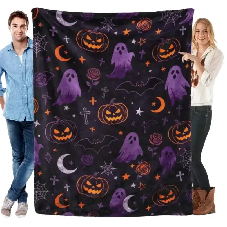 Black Purple Halloween Ghost Flannel Throw Blanket, Jack O Lantern Pumpkin Bat Moon Spider Web Rose Print Blanket, Gothic Spooky Halloween Decor Blanket, Soft Cozy Holiday Gift For Halloween Lovers