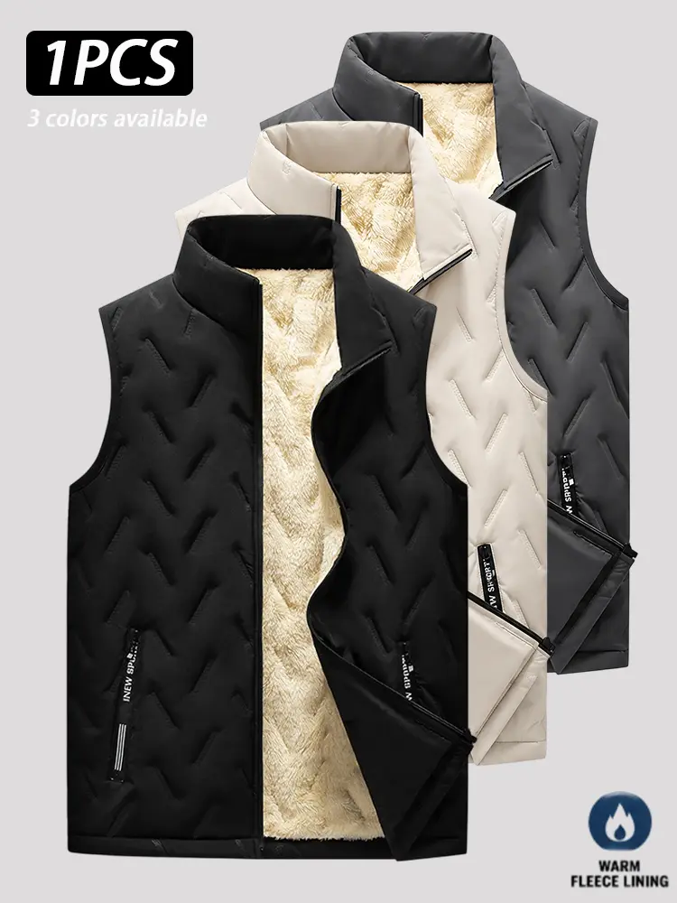 Menswear Plush Fleece-Lined Quilted Waistcoat - Sleeveless Zip-Up Stand Collar Gilet with Zipper Pockets, Lightweight Geometric Textured Plain Regular Fit Layering Vest for Fall Winter Commuting, Travel,sohochic