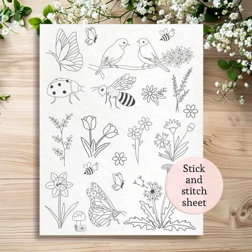 stick and stitch bee, butterfly embroidery patterns, spring flowers, dandelion, daffodil canvas bags, patterns, towel embroidery stencils, clothing patterns