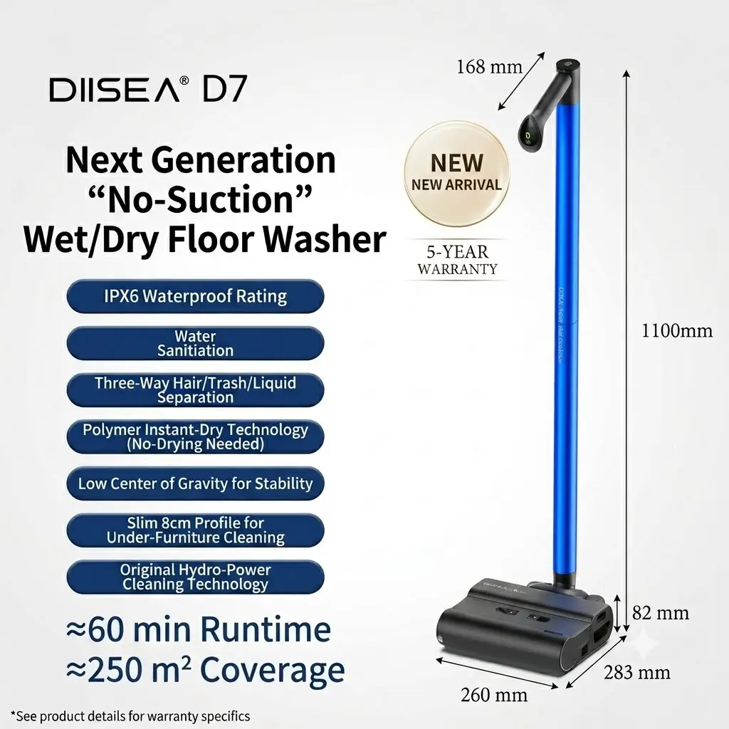 【Summer Sale Deals】DIISEA D7 Cordless Floor Washer & Vacuum | 3.0kg Easy Handling, 180° Flat Recline for 8cm Deep Clean, Streak-Free Fast Drying Polymer Roller, Whisper Quiet 55dB & Long 60 Mins Runtime
