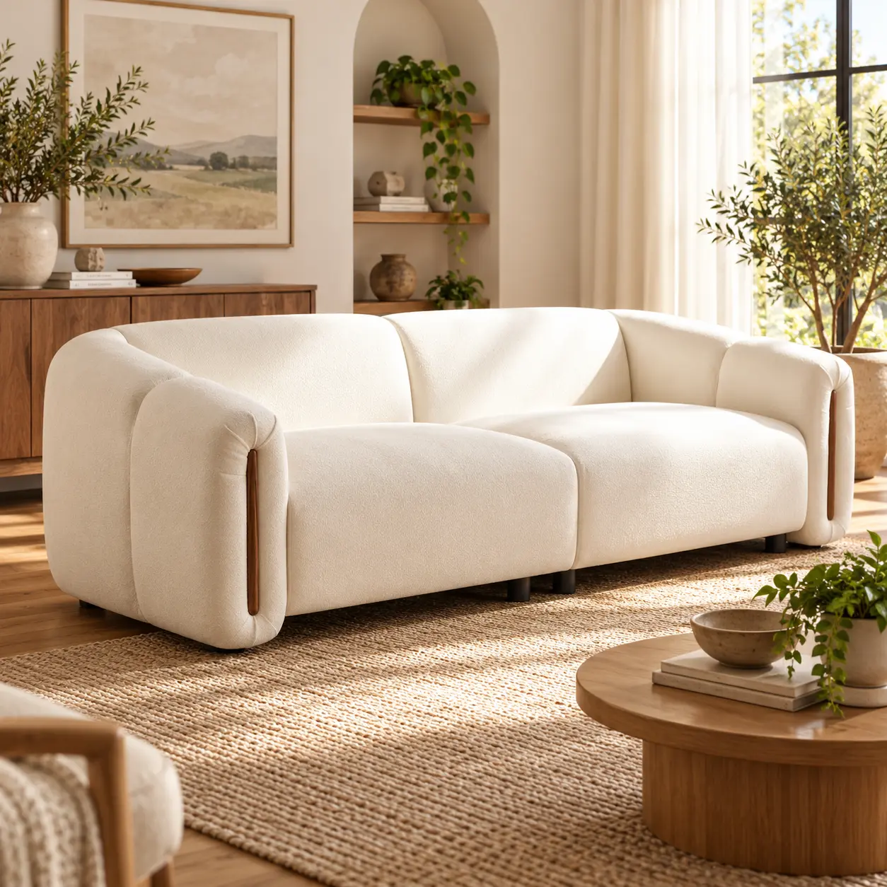 Curved Sofa, 87.4" Cream Boucle 3 Seater Couch with Deep Foam Seats, Wide Rounded Armrests and Wood Slit Accents, Solid Wood Frame and Legs, Low Profile Sculptural Block Design for Modern Minimalist Living Room and Apartment Lounge