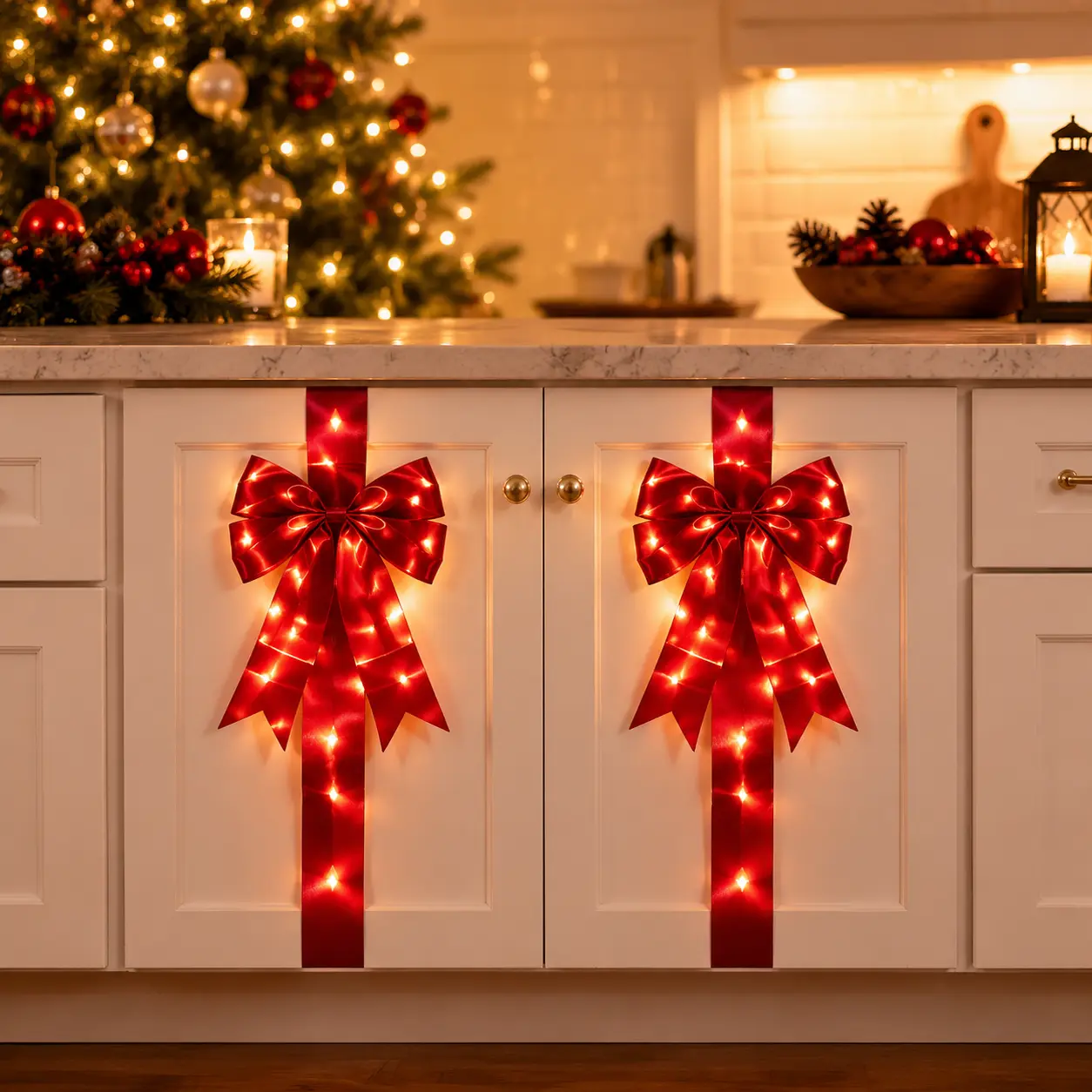 Lighted Bow Decorations for Cabinets, LED Holiday Ribbon Bows for Kitchen Doors, Christmas Home Decor with Warm White Lights