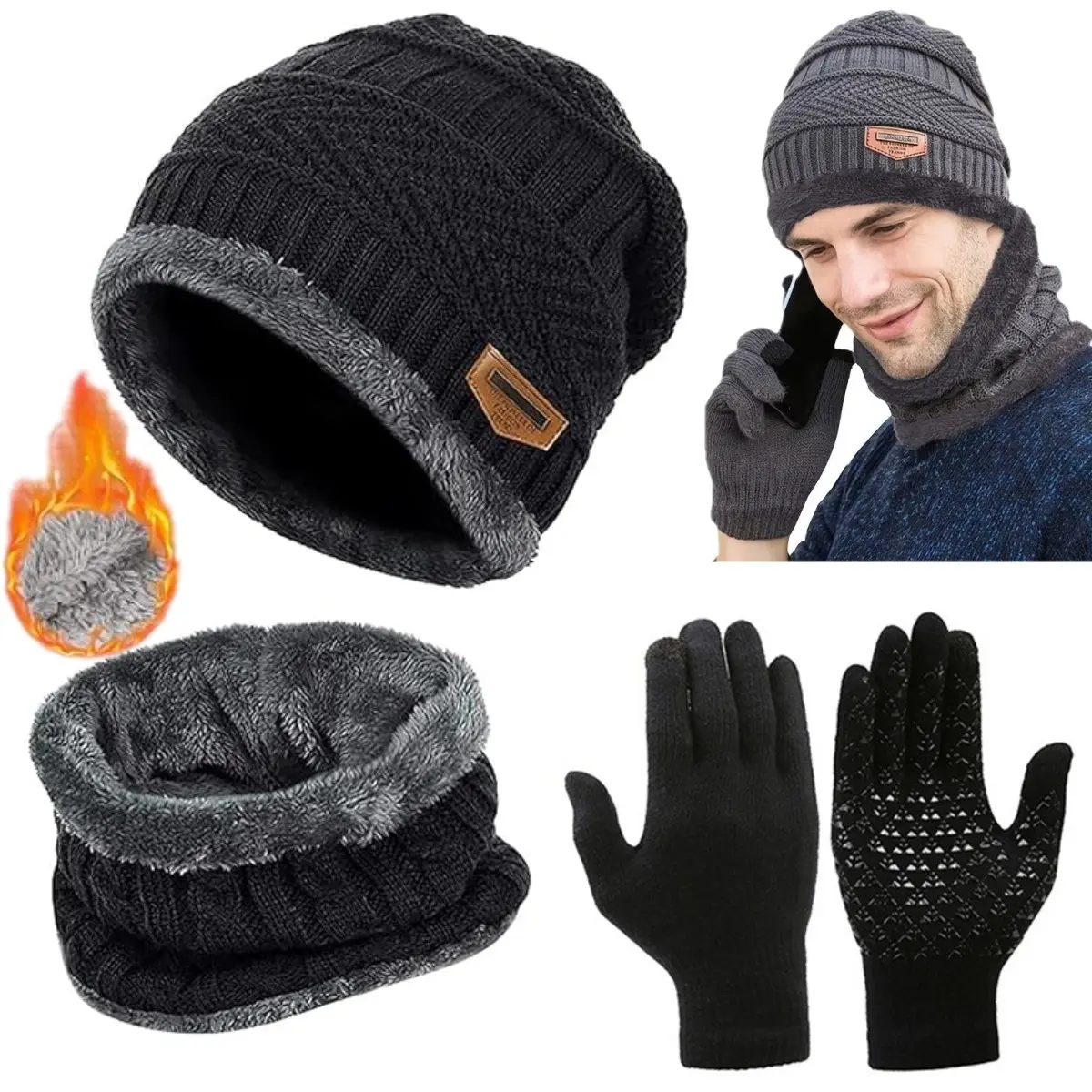 Winter Beanie Hat Circle Scarves Touchscreen Gloves Set, Warm Thick Fleece Lined Cap Gloves Neck Warmer for Women Men