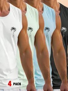Men's Vest Tank Top 4 Pack Casual Vacation Coconut Tree Print Loose-Fit Sleeveless Gym Tops Sports Vest Gym Running Sporty Summer Fashion Tee Sport Vests