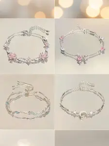 Artificial Zircon Sakura Moon Butterfly Knot Bracelet for Women, Unique Luxury Style, High-Quality Holiday Gift