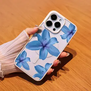 Elegant blue lily Premium Magnetic Case for iphone 16 Pro Max 15 14 13 12 11 MageSafe Ready,anti-fall,Ultra-Thin Design Use Protector Screen Protector iphone cases