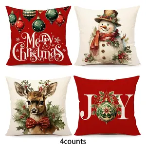 Set of 4 Christmas Pillow Covers, Farmhouse Style, Creative Decorative Cushion, Snowman Reindeer Winter Holiday Decor, Fits Sofa Cushions, 16x16/18x18/20x20 Inch