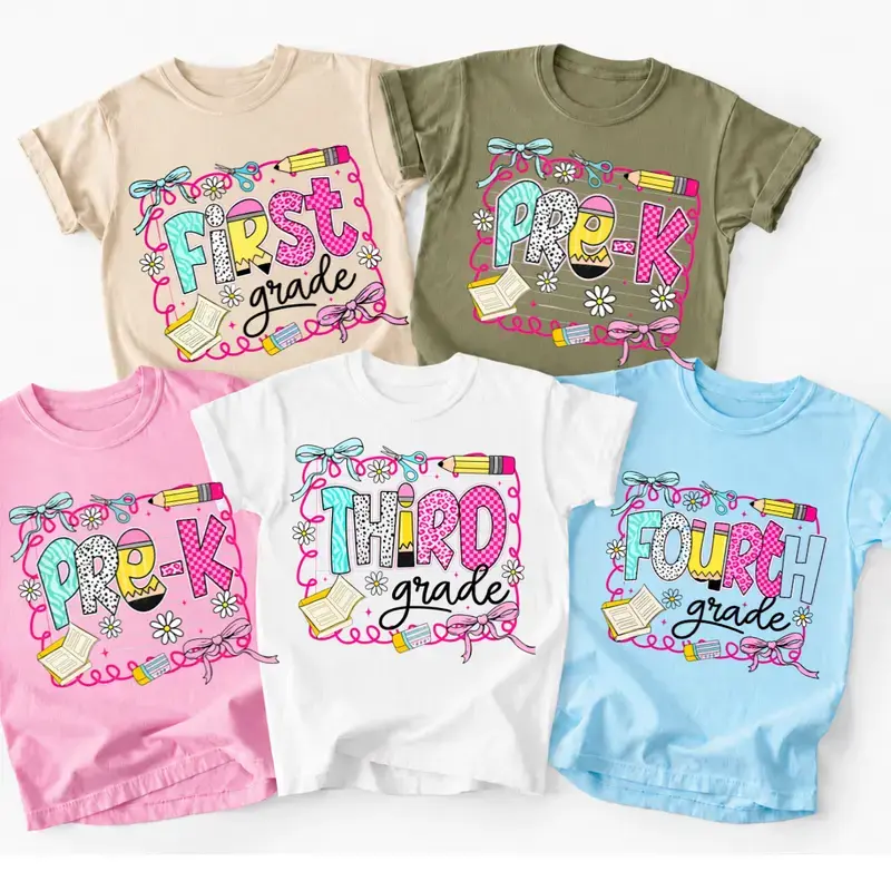 Back to School Grade Level Teacher T-Shirt, Cute Bow Pencil Tee, Pre-K to 4th Grade Shirt, Coquette Teacher Gift, First Day Outfit, USA, S-3XL